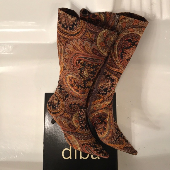 Diba Shoes - Diba Paisley Pointed-Toe Heeled Boots in Orange, Brown and Black
